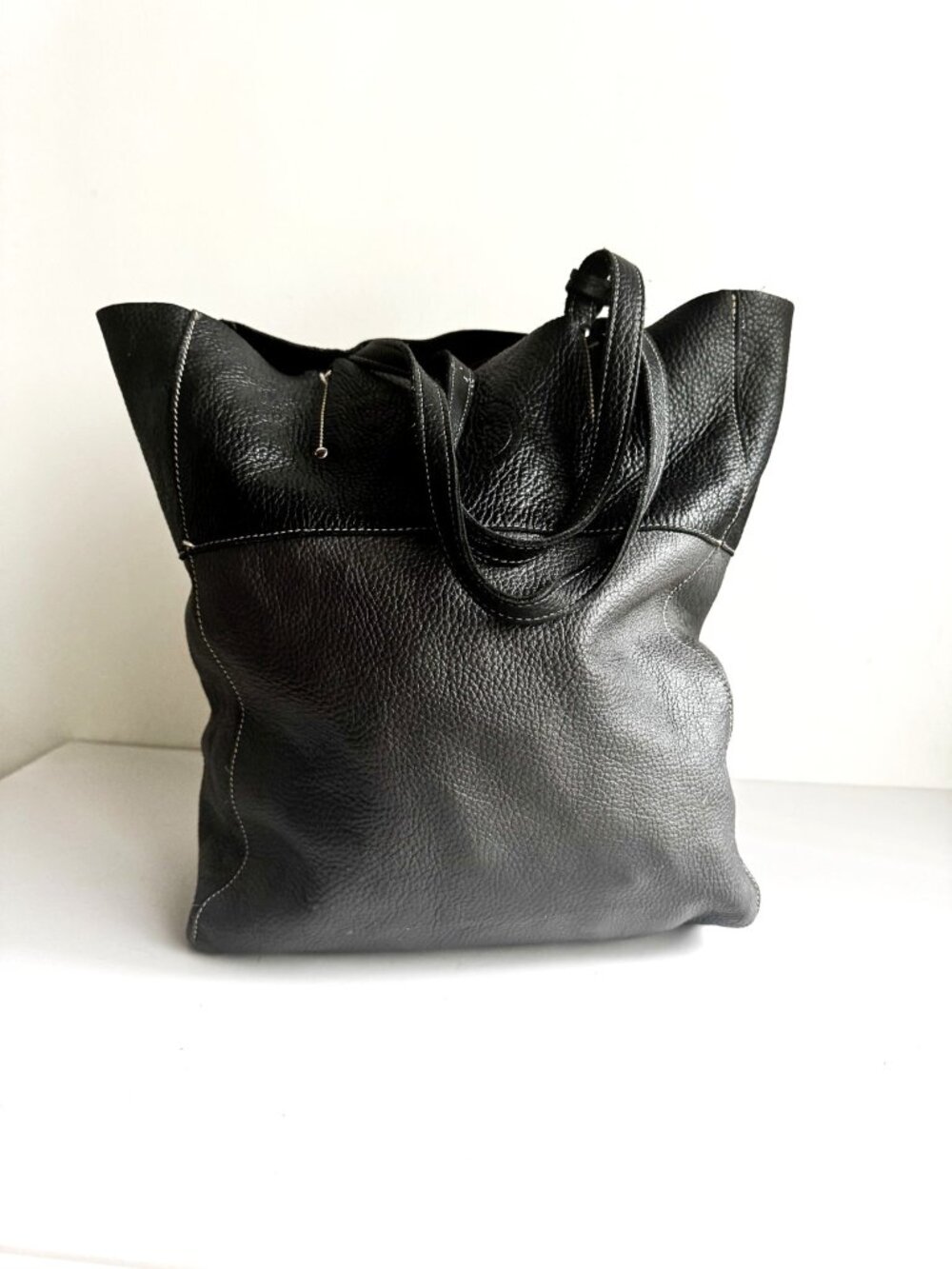 Roots Two Tone Grey Black Leather Medium Satchel Bag